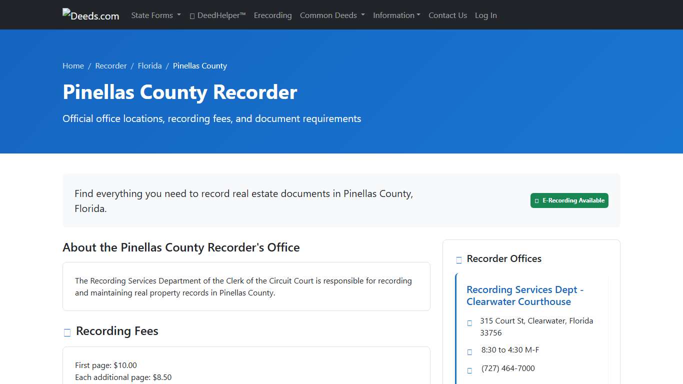 Pinellas County Recorder Information, Florida - Deeds.com
